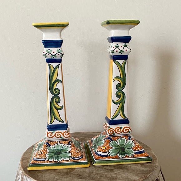 Pair Williams Sonoma Nazari Alhambra Hand Painted Candle  Williams Sonoma Nazari Alhambra Hand Painted Ceramic Candle Holder Pair 10.5”